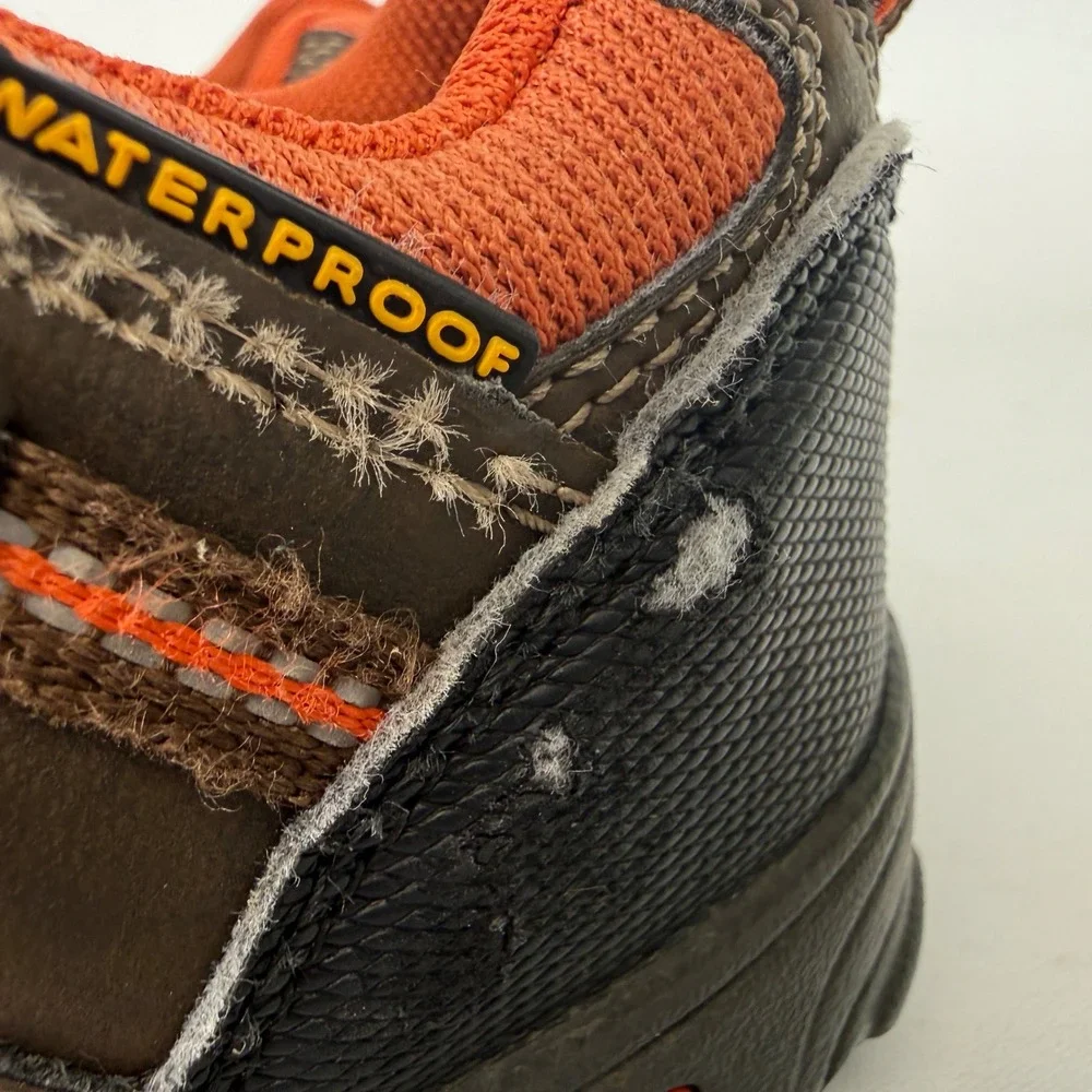 Keen Kids Waterproof Hiking Shoes Brown Orange Bungee Laces Low Top Trail Shoe